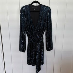 White House Black Market Long Sleeve Sequin Surplice Blouson Dress Navy Sz L